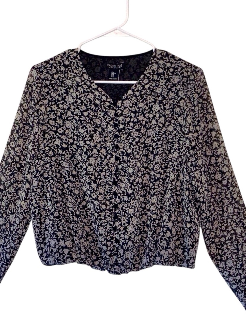 RACHEL ZOE Black Floral V-Neck Long Sleeve Top Size M